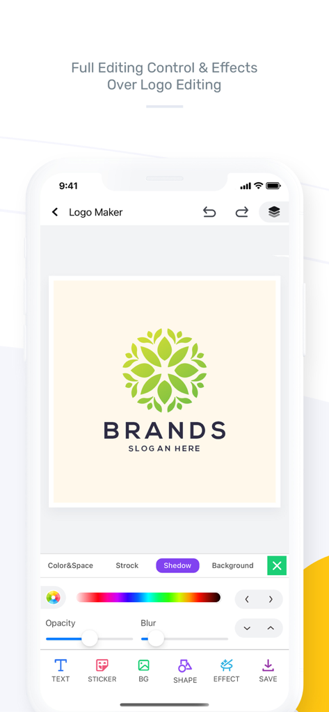 Logo Maker - Logo Templates - ブランドデザインのためにシャドウとカラー調整を備えたロゴ編集ツールを表示するモバイルアプリインターフェース。