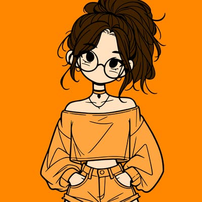 girl with a messy ponytail glasses a baggy crop top and jean shorts