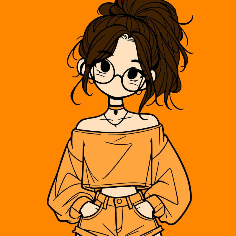 girl with a messy ponytail glasses a baggy crop top and jean shorts