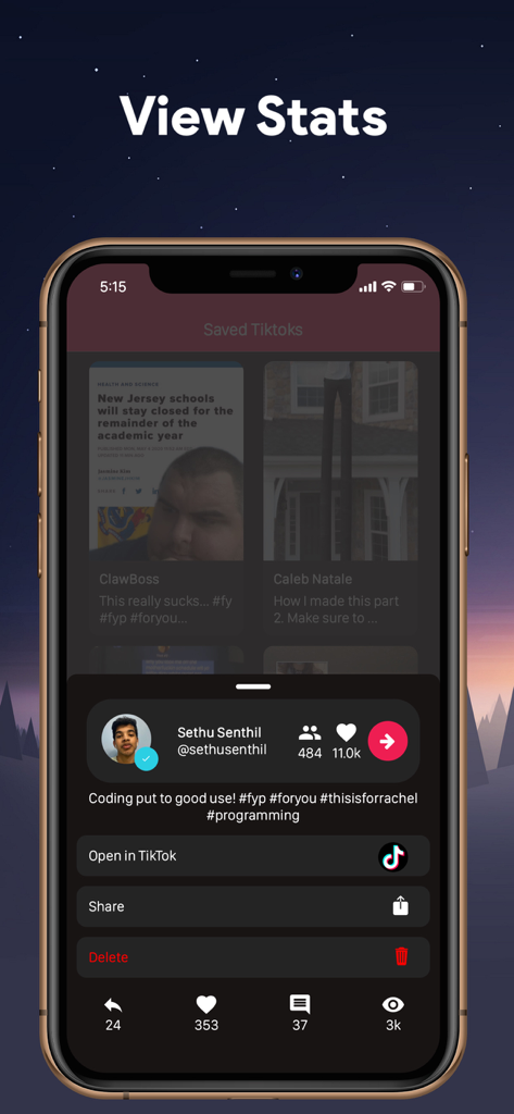 Screenshot dell'iPhone dell'app SaveTok che mostra analisi e statistiche per un video TikTok salvato.