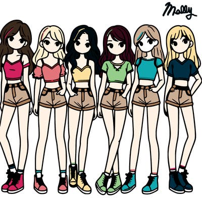 a group of girls wearing crop tops and shorts