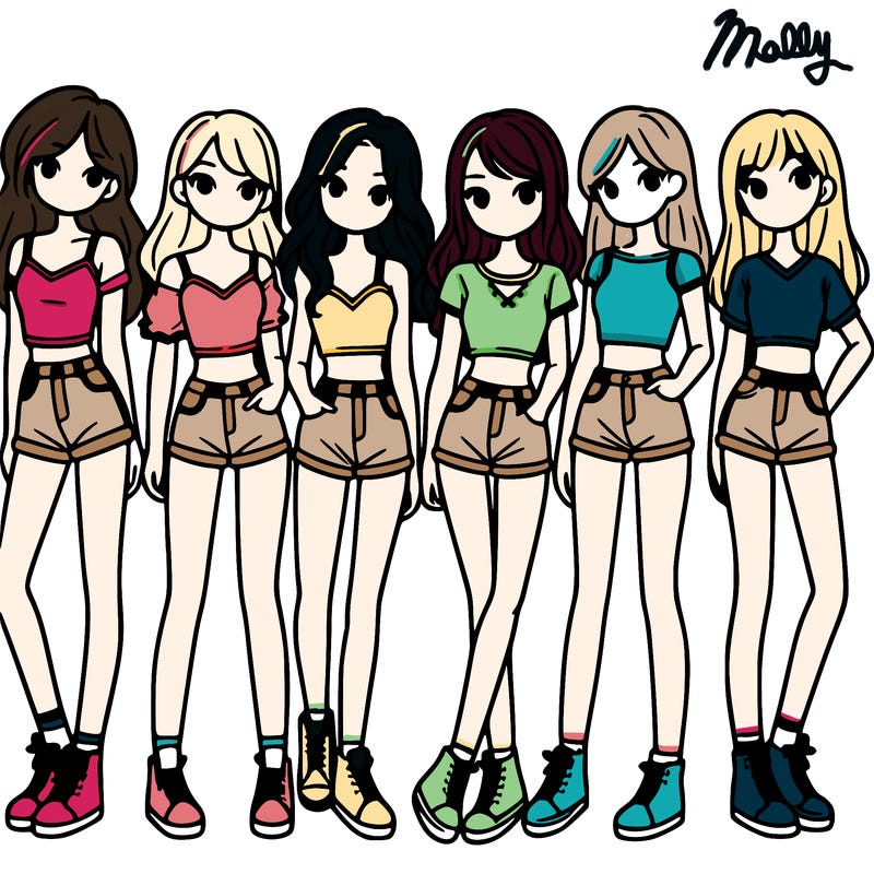 a group of girls wearing crop tops and shorts