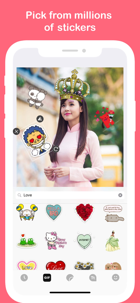 Camera Beauty 360 - Selfie Cam - A mobile interface for Camera Beauty 360 app showing a woman's photo decorated with a digital crown and cartoon stickers.