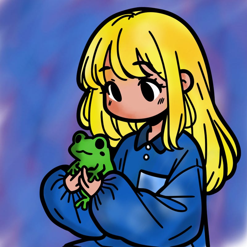 girl with long hair and a oversized shirt. and she is holding a frog