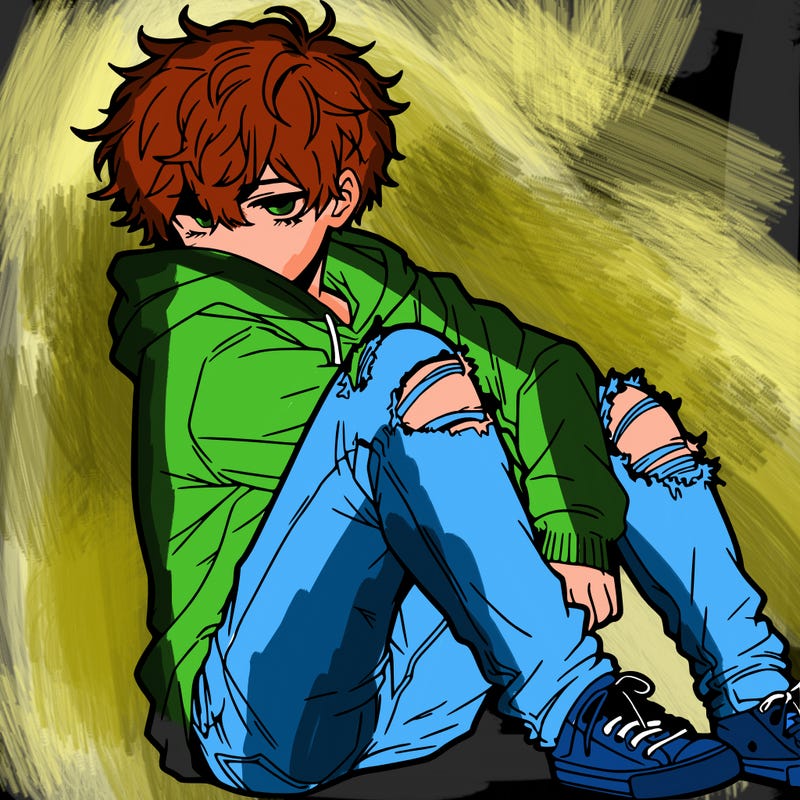 a male hoddie ripped jeans messy hair anime
