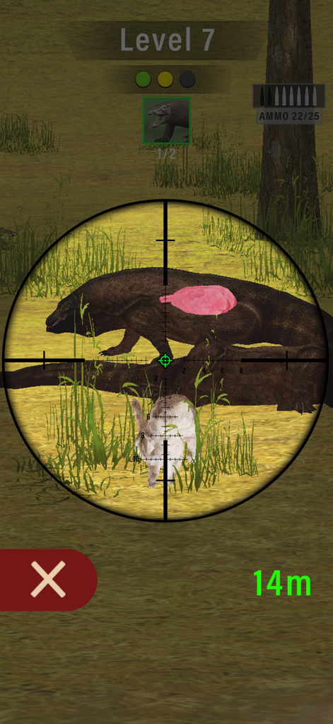 Sniper scope view in Animal Shooter Wild Hunt game showing a highlighted vital organ on a Komodo dragon for an ethical kill shot.
