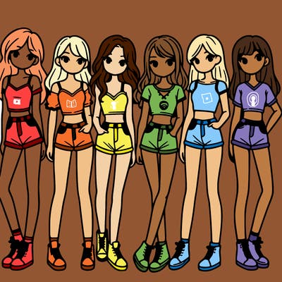 a group of girls wearing crop tops and shorts