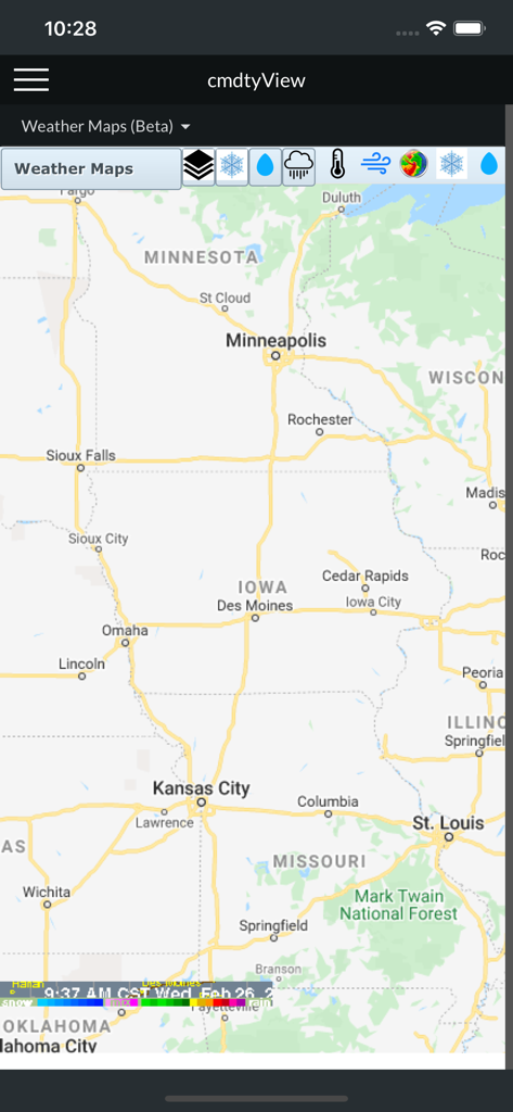 cmdtyView - Weather map of the US Midwest region in the cmdtyView app