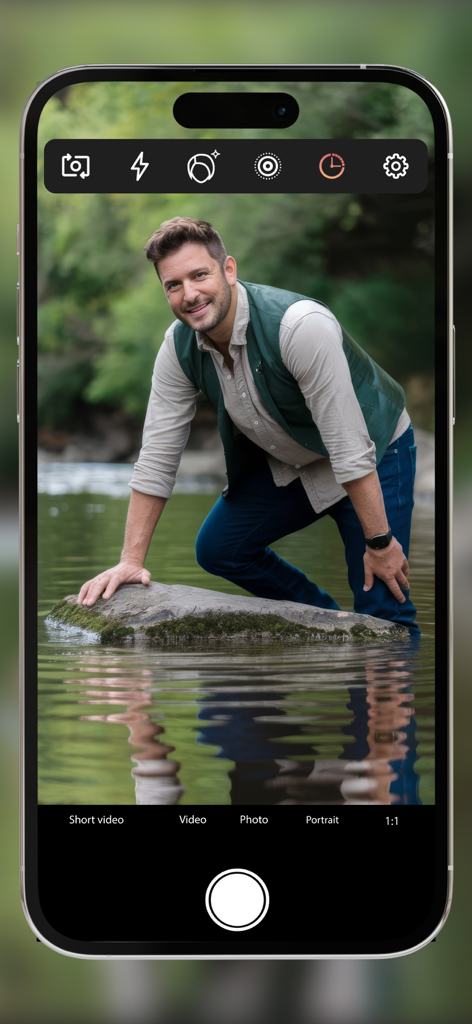 Pro Camera with RAW & Focus - Interface of Pro Camera app on iPhone showing a man posing in a river during a portrait photoshoot