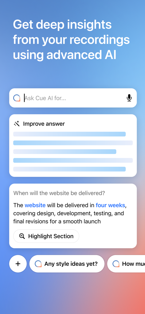 Cue - Smart AI Meeting Notes - Interface of the Cue app showing AI-powered insights and a search bar to ask questions about meeting recordings.