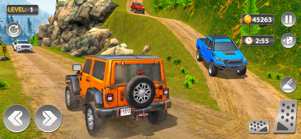 Orange 4x4 jeep and blue pickup truck navigating a mountainous dirt trail in Car Simulator 2025