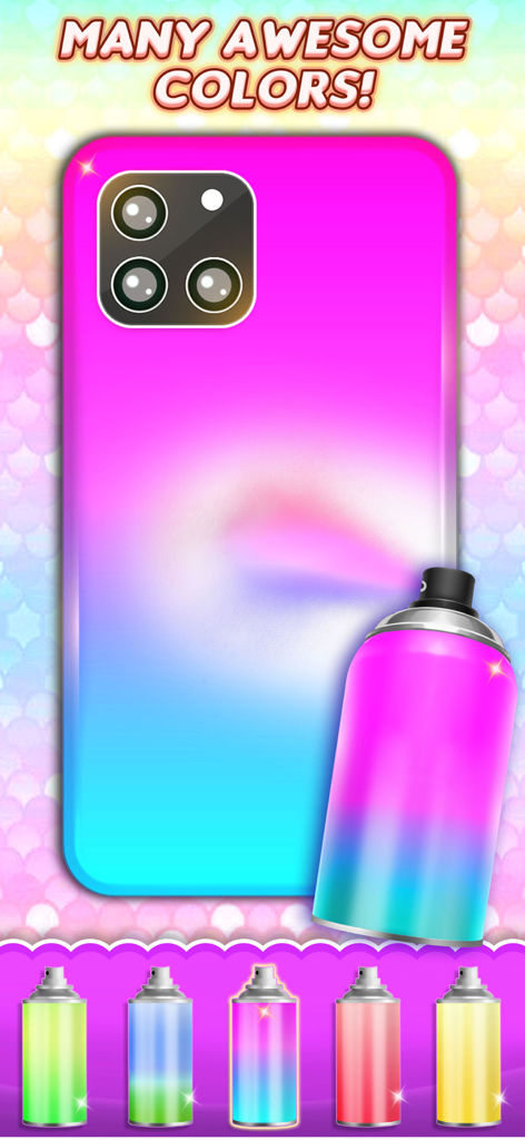 Um gradiente rosa e azul sendo pintado com spray em uma capa de celular em um jogo de design DIY.