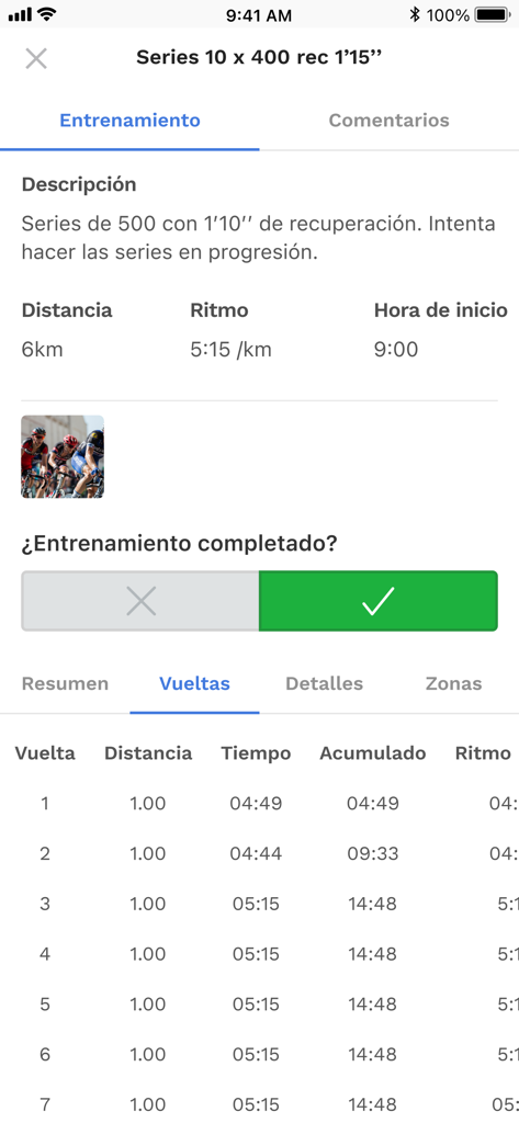 TrainerPlan mobile app screen showing workout description, completion status, and detailed lap data for a training session.