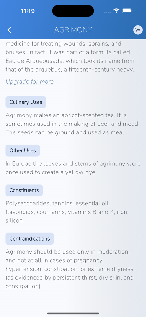 iPlant with Brigitte Mars - Informações botânicas detalhadas para Agrimônia, incluindo usos culinários e contraindicações medicinais