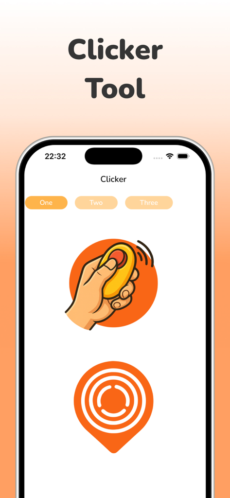 Cat Translator: Talk to Cat - Interface of the clicker tool feature in the Cat Translator app showing training buttons and a hand clicking a device