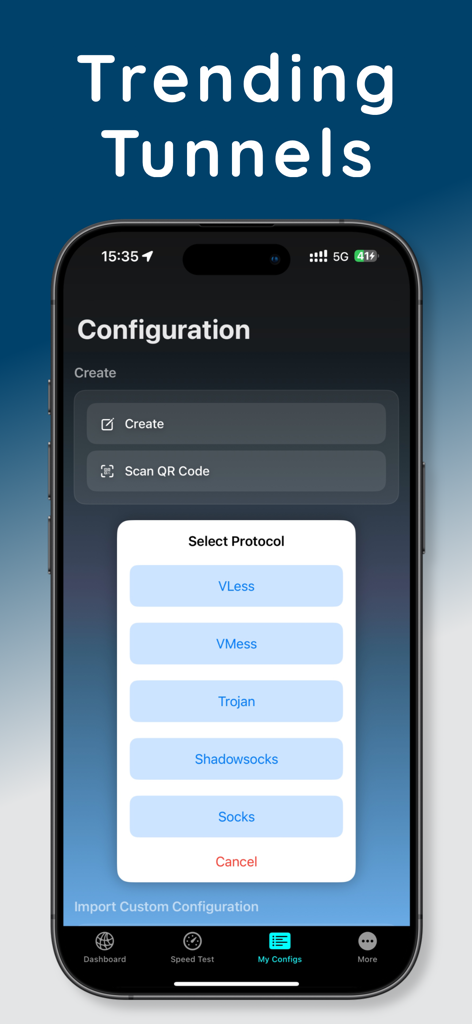 V2Speed VPN app interface showing options to select protocols like VLESS, VMess, Trojan, and Shadowsocks