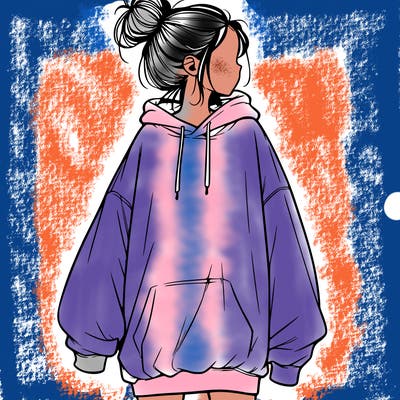 realistic girl with a oversized sweatshirt on and a bun