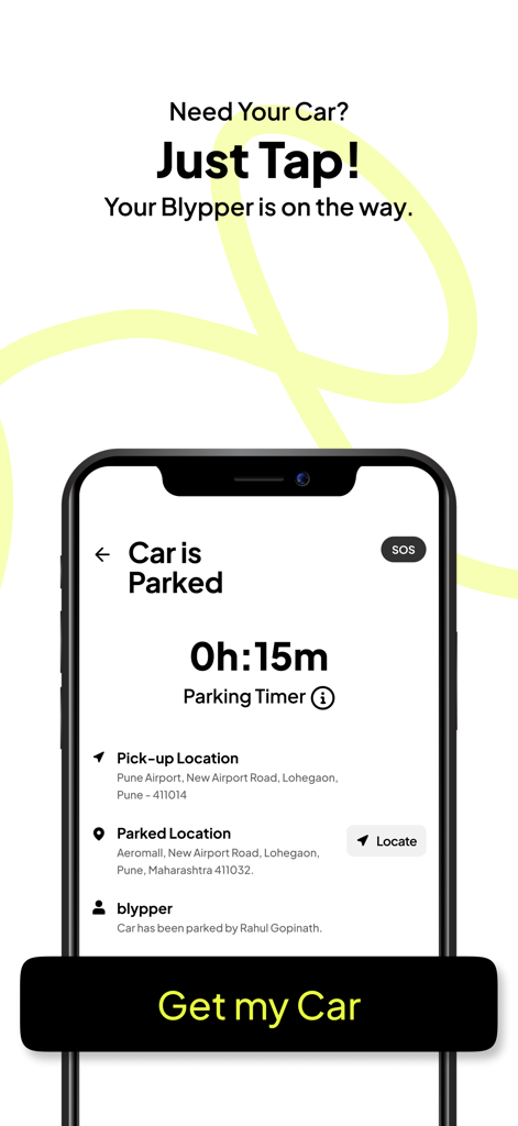 Blyp-App - Blypアプリのインターフェース。駐車された車の場所と、車の返却をリクエストするボタンが表示されています。