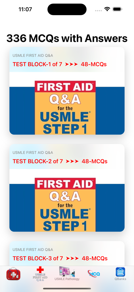 USMLE STEP 1 QUESTION BANK - A mobile app interface displaying multiple test blocks for USMLE Step 1 practice questions categorized by First Aid Q and A.