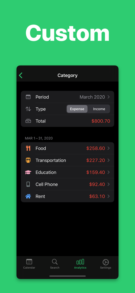 Mobile app screen showing a monthly expense breakdown by category with custom icons