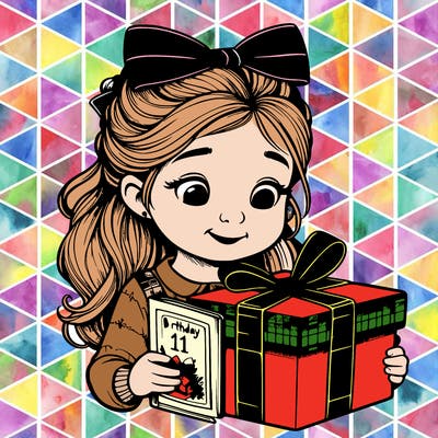 realistic little girl opening her gift which contains a book for her 11th birthday