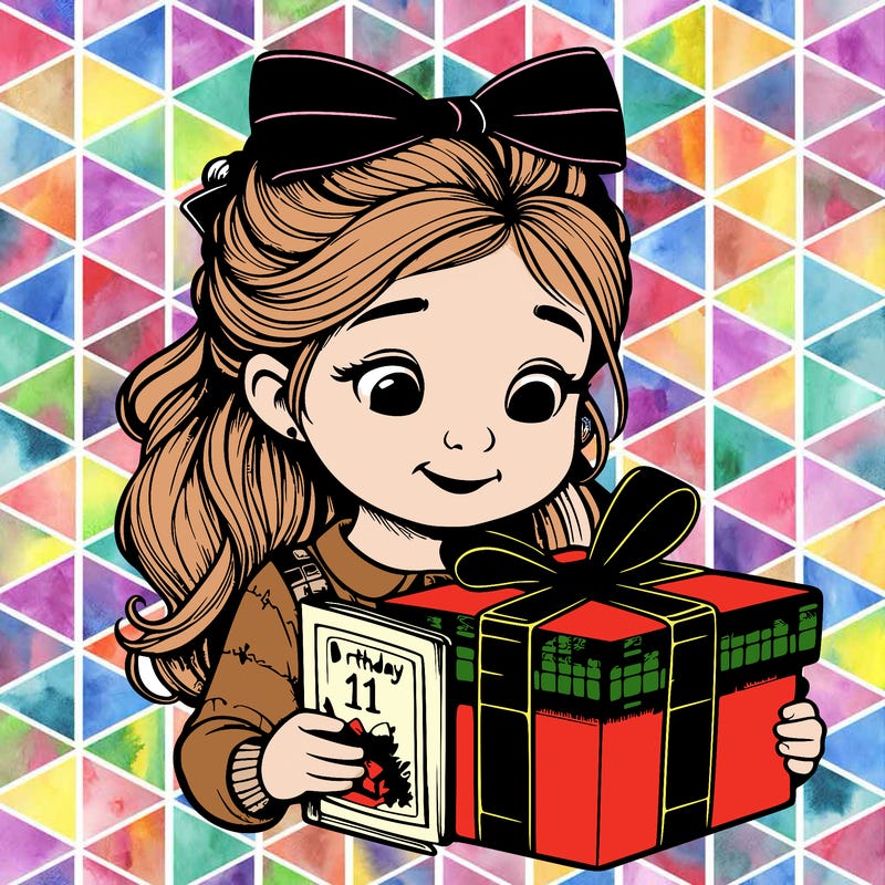 realistic little girl opening her gift which contains a book for her 11th birthday