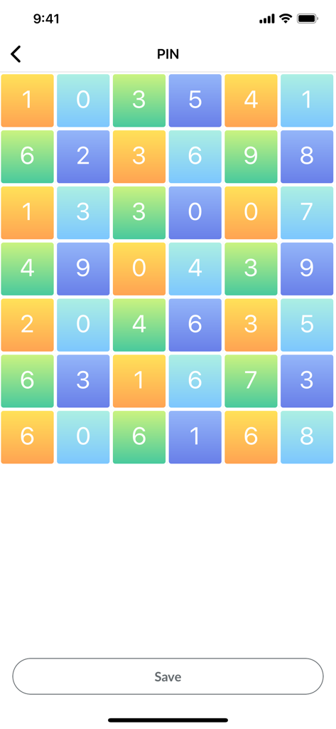 A colorful grid of numbers in the SafePin app used to hide and store PIN codes