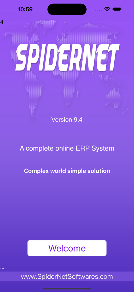 SpiderNet Online ERP System - Écran d'accueil de l'application d'entreprise SpiderNet Online ERP System