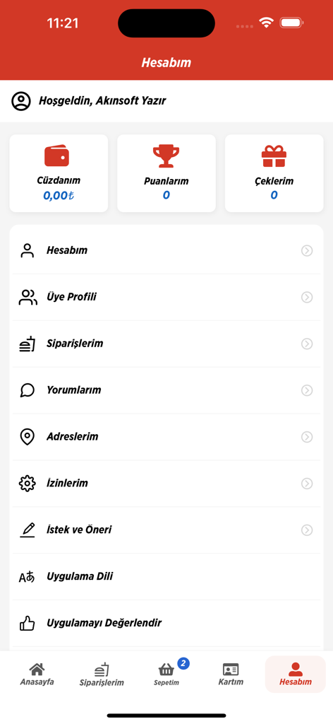 Hasan Usta Kebap & Izgara - Hasan Usta Kebap app account dashboard showing user profile options and loyalty points