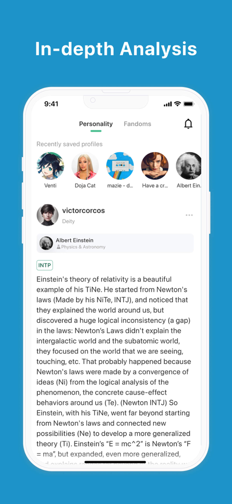 The Typology App - Pdb Classic - Une analyse de personnalité détaillée d'Albert Einstein en tant qu'INTP sur l'interface de The Typology App