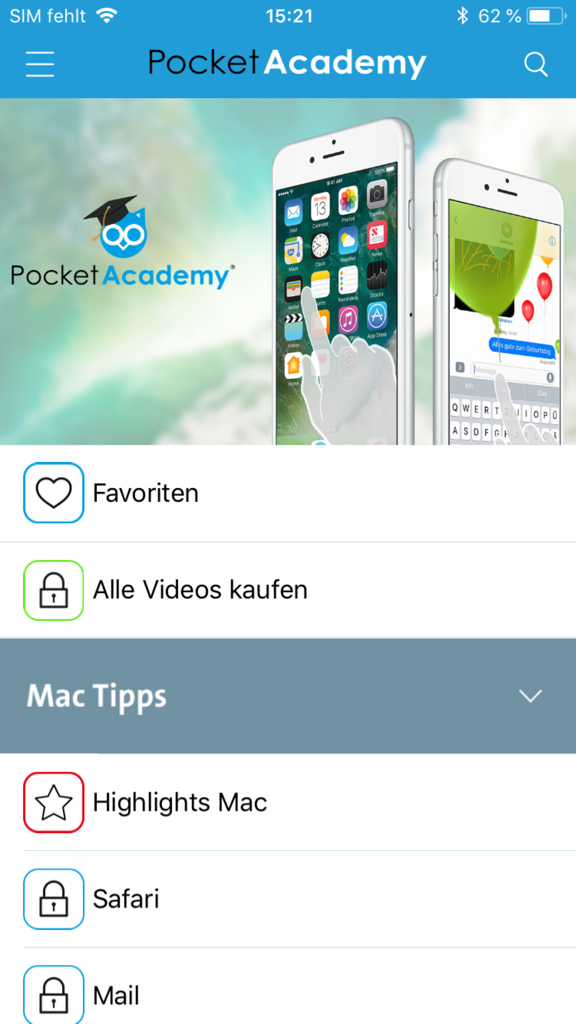 Pocket Academy App-Oberfläche, die Tutorial-Kategorien für iPhone- und Mac-Tipps zeigt