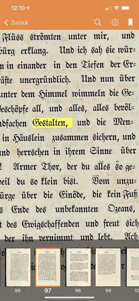 Deutsche Klassiker - Digital scan of a German first edition book page with Fraktur script and highlighted text