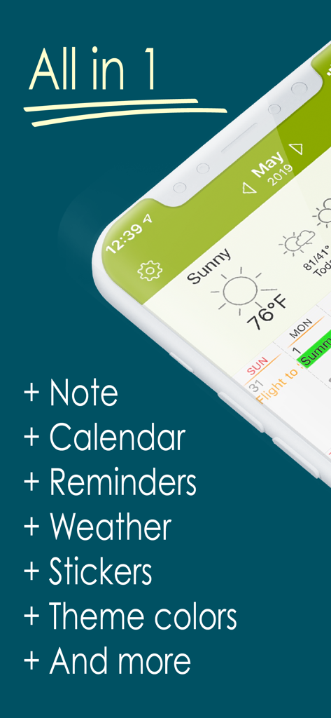 Application Awesome Calendar affichant des fonctionnalités tout-en-un, y compris des rappels de calendrier de notes et la météo