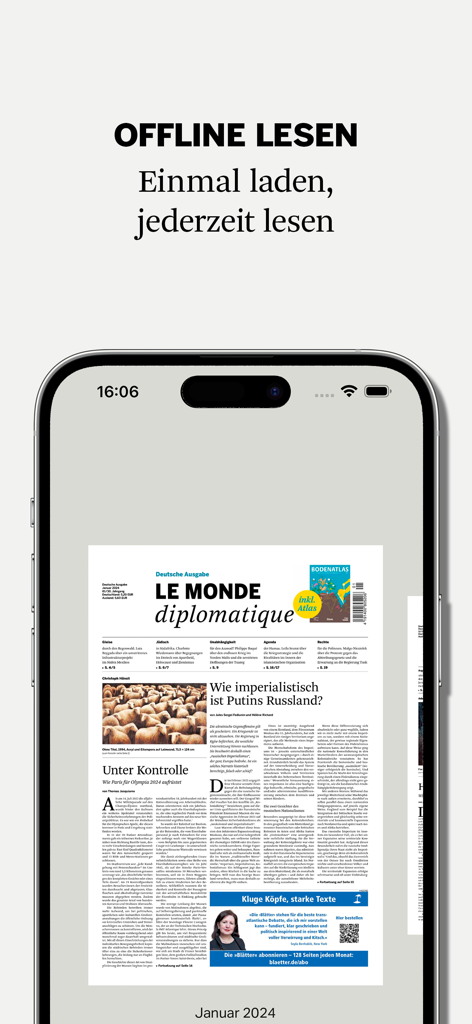 Le Monde diplomatique - Le Monde diplomatique App auf dem iPhone, die die Offline-Lese-Funktion mit der Titelseite der deutschen Zeitungsausgabe zeigt