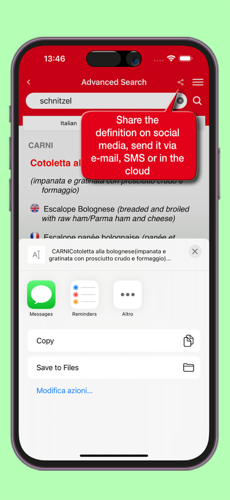 Interface montrant comment partager une définition culinaire dans l'application Dictionnaire Gastronomique Hoepli