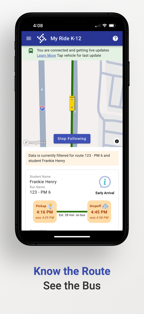 Real time school bus tracking map on the My Ride K-12 mobile application showing student route and arrival times