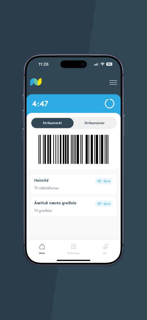 Netgíró - Netgiro mobile app interface showing a scan to pay barcode and financial overview.