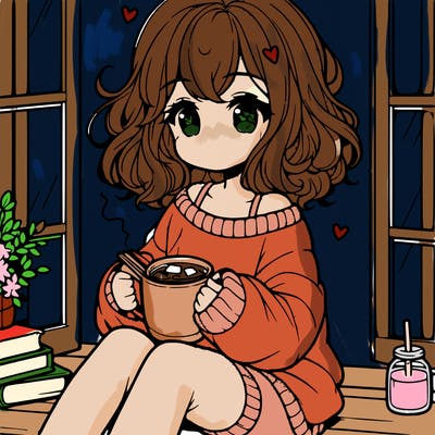 cute anime girl reading book and drinking hot chocolate from mug with loose wavy hair wearing a baggy sweatshirt and shorts sitting by windowsill looking out