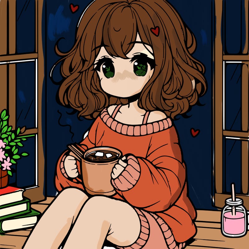 cute anime girl reading book and drinking hot chocolate from mug with loose wavy hair wearing a baggy sweatshirt and shorts sitting by windowsill looking out