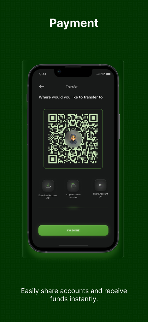 Smartphone displaying a QR code in the CRDB SimBanking app for sharing account details and receiving funds.
