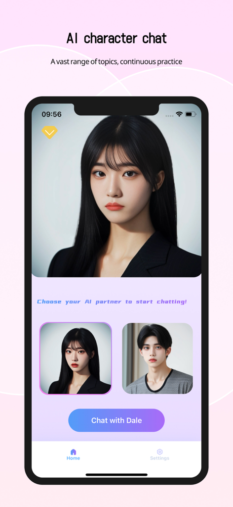 Talk AI - Chat & New Friends - A mobile interface for the Talk AI app showing two realistic AI character avatars to choose from for continuous chat practice.