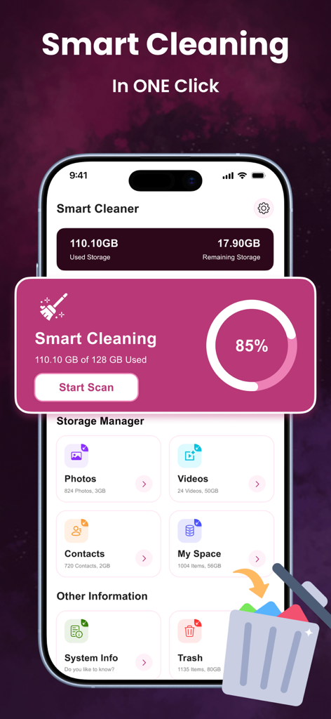 Phone Cleaner - Storage Clean - Interfaz de la aplicación Phone Cleaner que muestra estadísticas de uso de almacenamiento y una función de limpieza inteligente con un clic