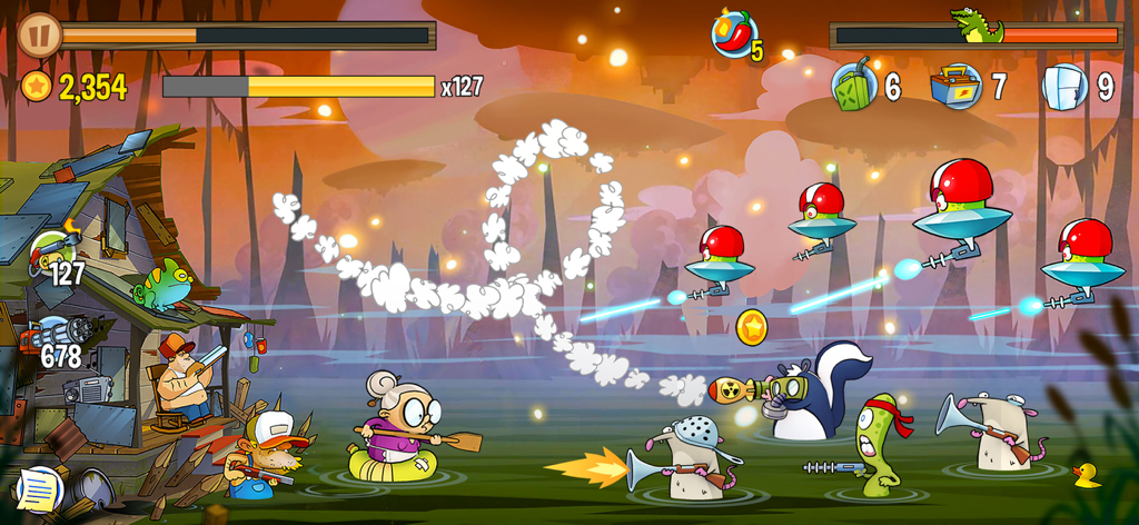 Swamp Attack - Characters defending their swamp home from monsters and UFOs in Swamp Attack.