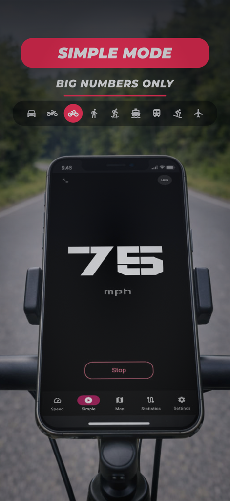 Speedometer MPH - 自転車のハンドルバーに取り付けられたiPhoneに75mphを表示するSpeedometer MPHアプリのシンプルモード