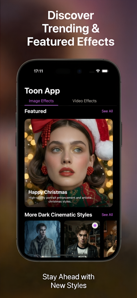 Toon App: Cartoon Photo Editor - Interfaz de Toon App mostrando efectos de IA populares y destacados como Estilos Navideño Feliz y Cinematográfico Oscuro.