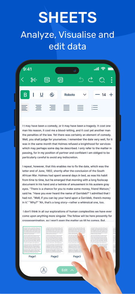 Smartphone screen showing a text document editor with professional formatting tools and page navigation