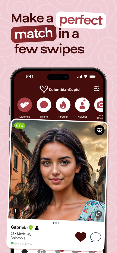 Interfaccia dell'app ColombianCupid che mostra il profilo di una donna di Medellin con il titolo Crea un abbinamento perfetto con pochi swipe