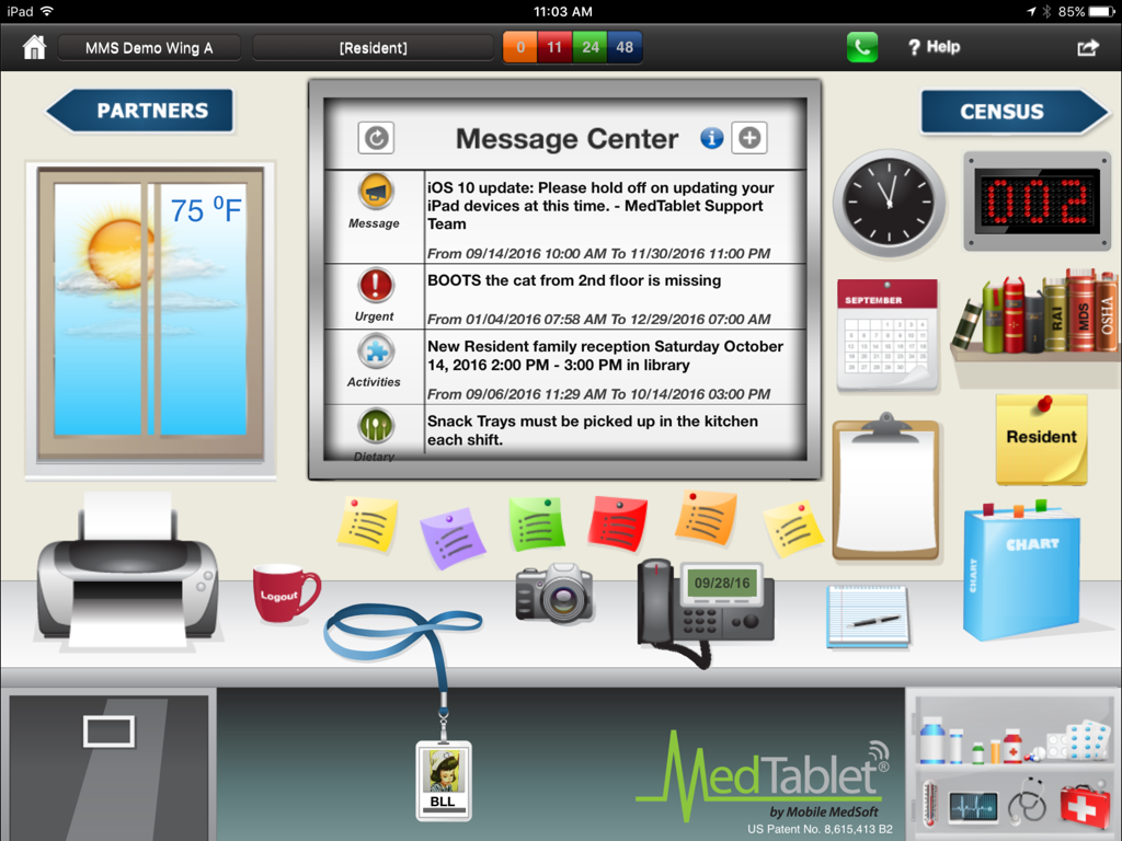 MedTablet - MedTablet digital nursing station interface showing the message center and resident care tools