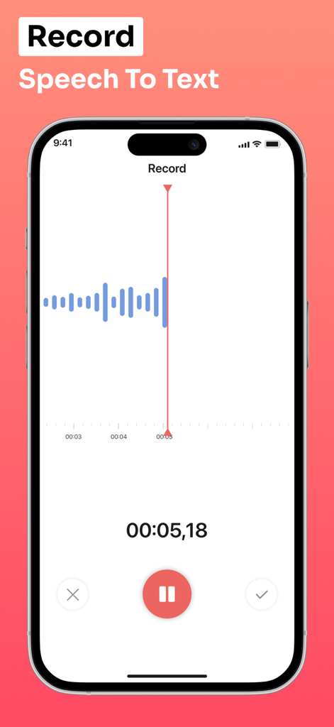 Recording interface of the Transcribe it app featuring an audio waveform and a timer on a coral background