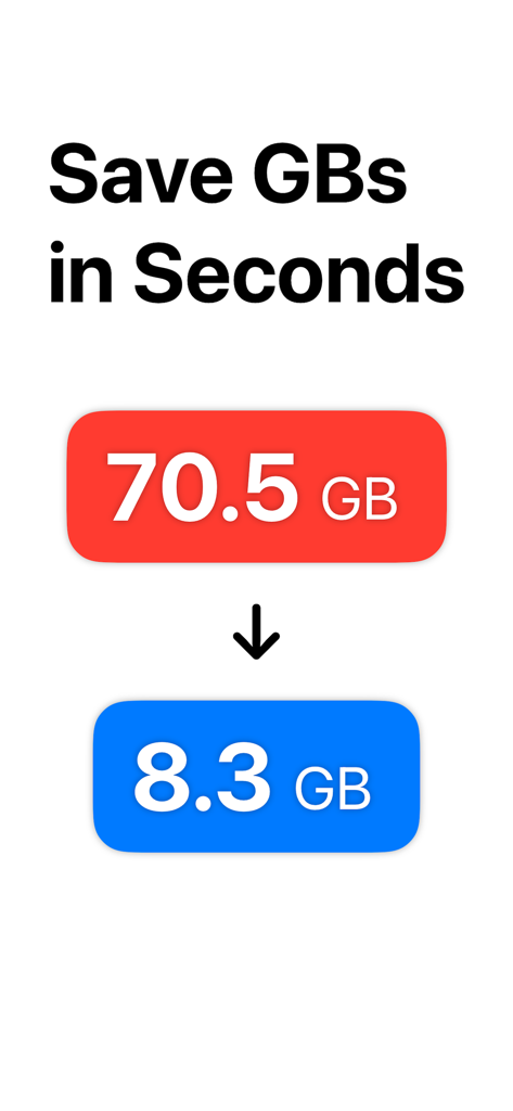 Easy Video Compressor - Resize - Graphique montrant une réduction significative de la taille d'un fichier vidéo, passant de 70,5 Go à 8,3 Go pour économiser de l'espace de stockage